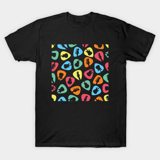 Guitar Pick Seamless Pattern Guitar Silhouette Colorful Theme T-Shirt by nightsworthy